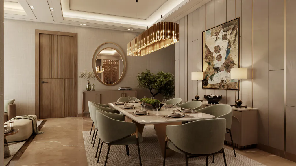 A furnished apartment dining room at Eldeco 7 Peaks Residences — an eight-seat table under a linear pendant, with a round mirror and console against the far wall. Developer's artistic impression.