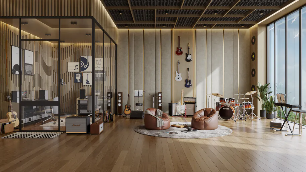 The music room at Eldeco 7 Peaks Residences — an acoustic-treated ceiling, guitars and a drum kit against the far wall, and a glazed practice booth to one side. Developer's artistic impression.